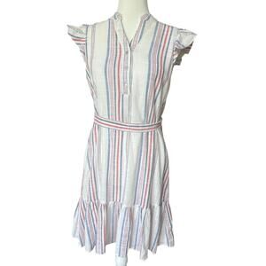 Draper James White Striped Sleeveless Belted Dress Women's Size S 36”L Ruffles
